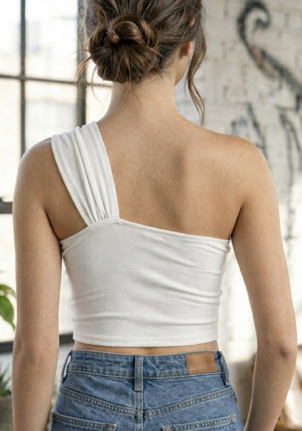 PETRIA  WHITE ONE SHOULDER CROP TOP 